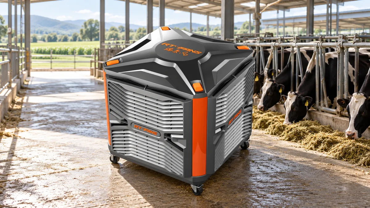 RTFANS evaporative air cooler operating beside cattle stalls in a dairy barn