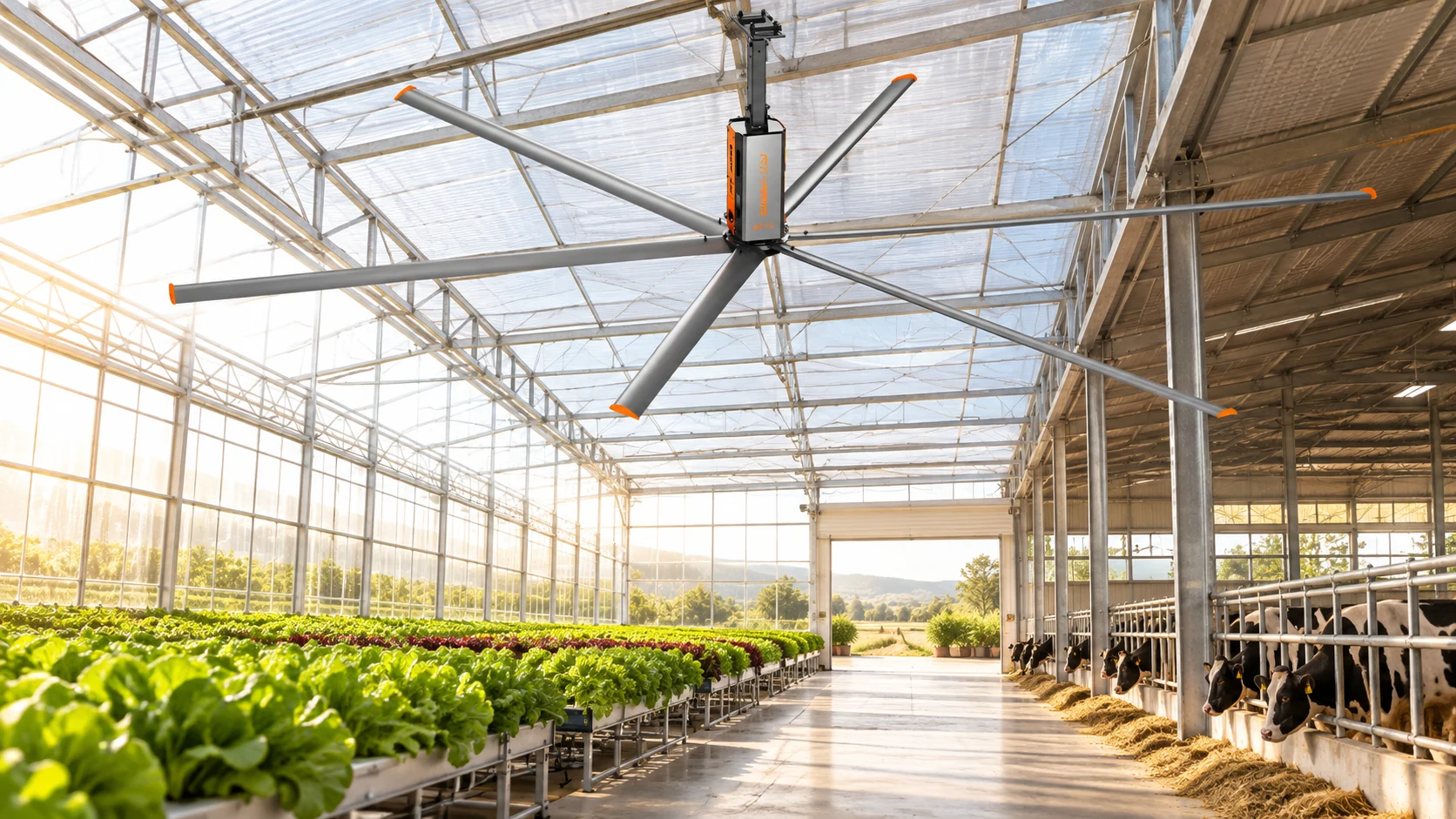 Illustration of an HVLS ceiling fan above greenhouse crops beside a livestock barn