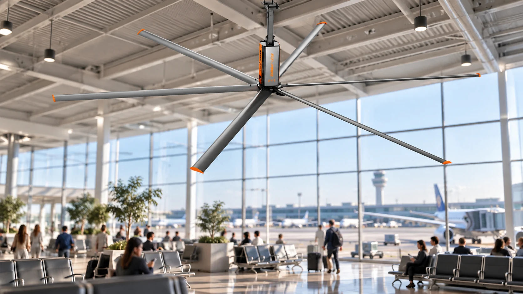 Illustration of an HVLS ceiling fan above an airport waiting lounge