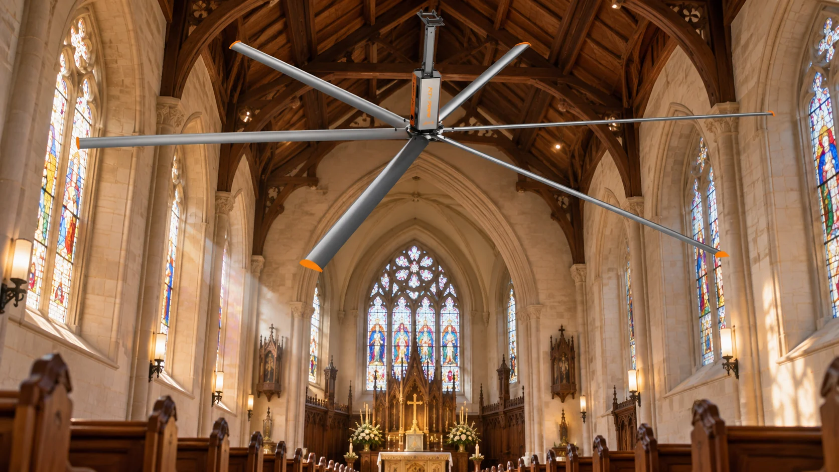 Illustration of an HVLS ceiling fan above wooden pews in a vaulted church