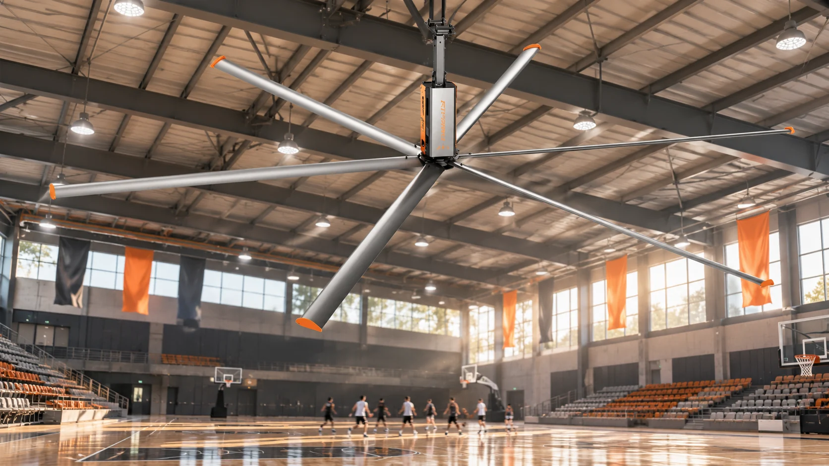 Illustration of an HVLS ceiling fan above an indoor basketball court