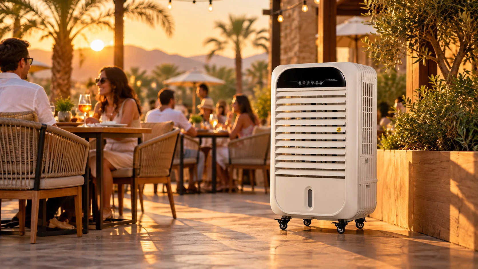 Illustration of a portable evaporative air cooler beside an outdoor restaurant terrace