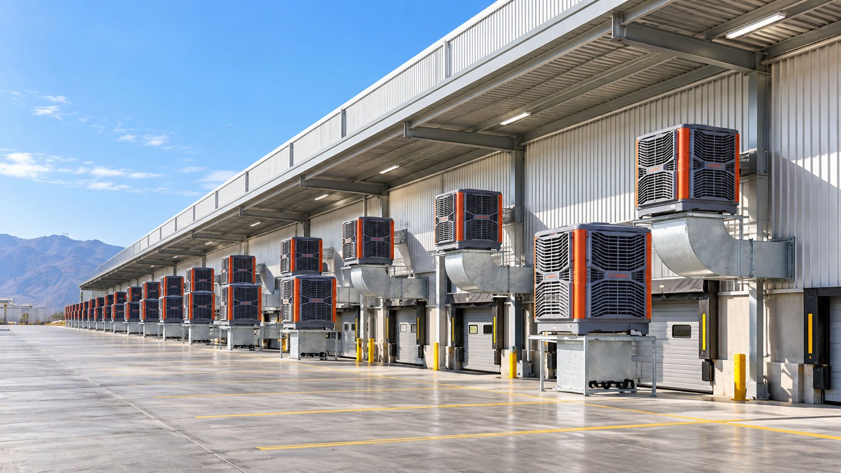 Industrial evaporative coolers serving a warehouse loading dock