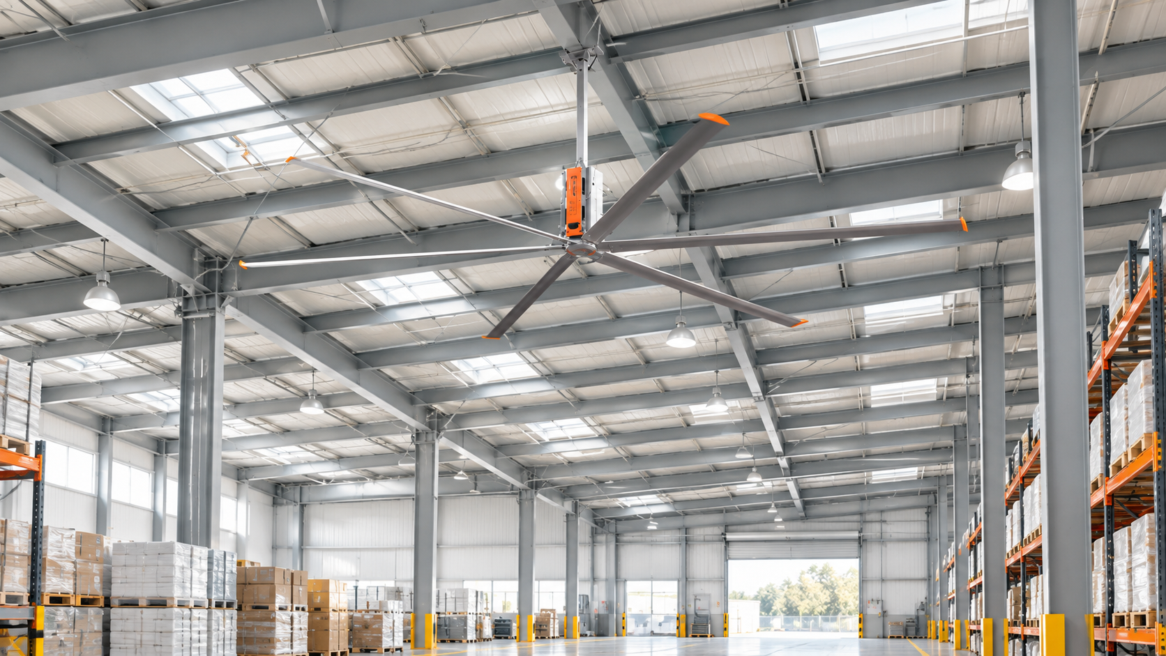 King Series industrial HVLS fan installed in a bright high-bay warehouse