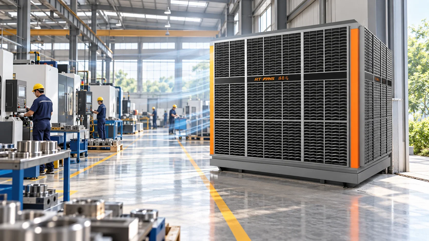Evaporative cooling and HVLS airflow supporting workers on an active factory floor
