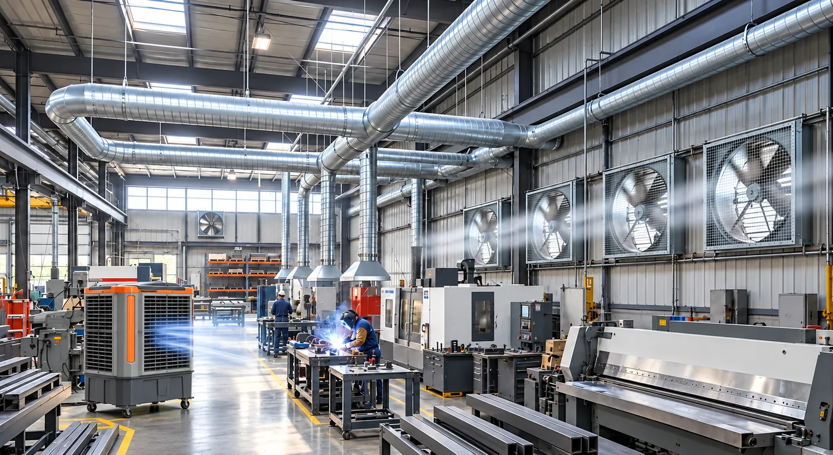 Industrial exhaust fans, ventilation ductwork and evaporative cooler in a manufacturing workshop