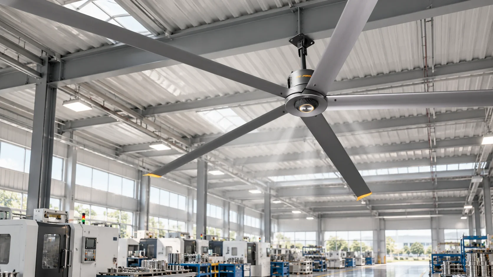 Paragon Series HVLS ceiling fan operating above a manufacturing workshop
