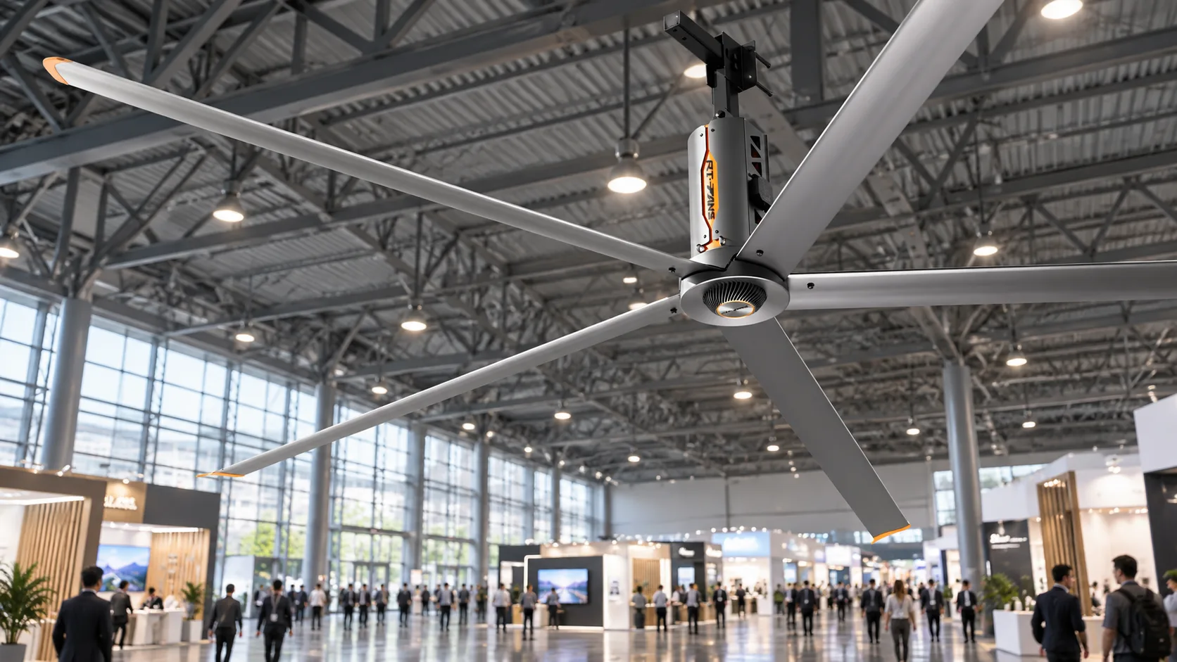 RTFANS Fengshang industrial HVLS fan installed in the foreground ceiling of a large exhibition hall
