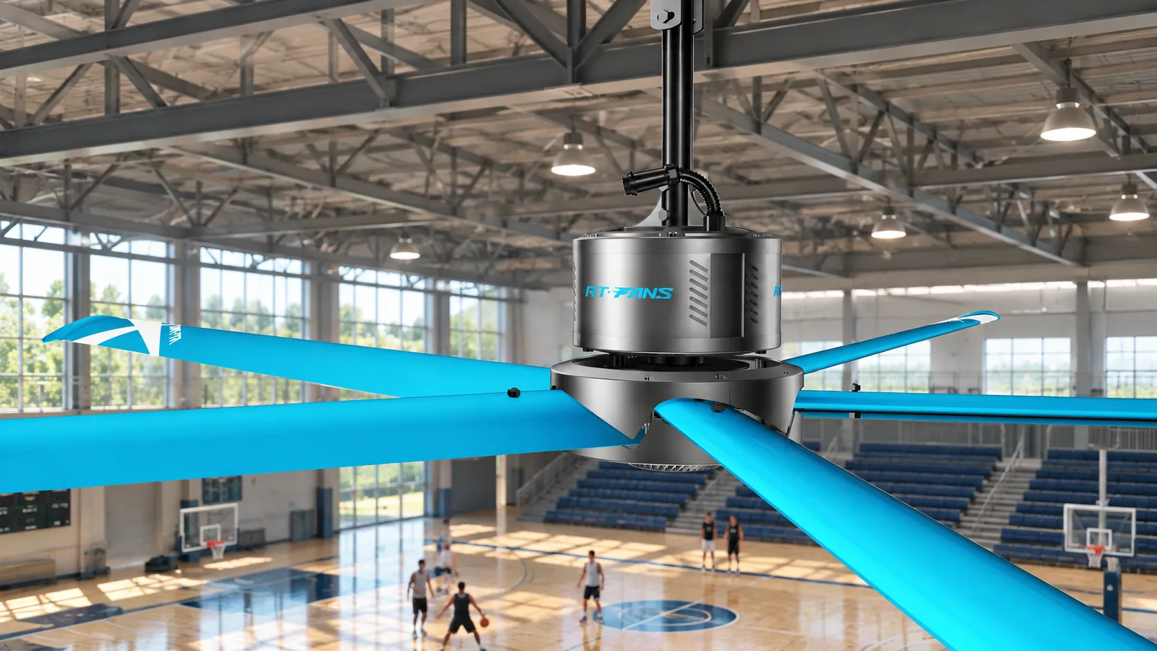 RTFANS blue-blade Fengya industrial HVLS fan installed above an indoor basketball court