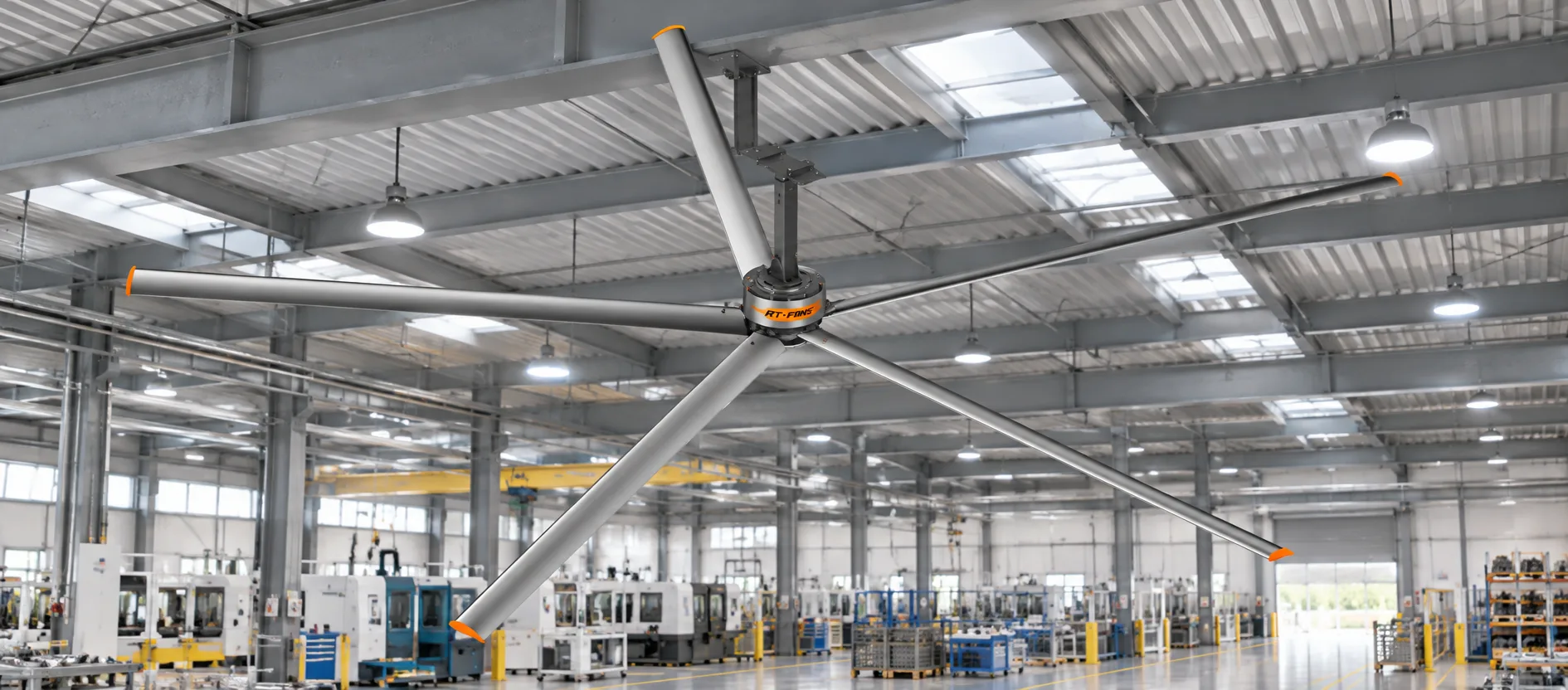 RTFANS Fengcai five-blade industrial HVLS fan installed above production lines in a manufacturing plant