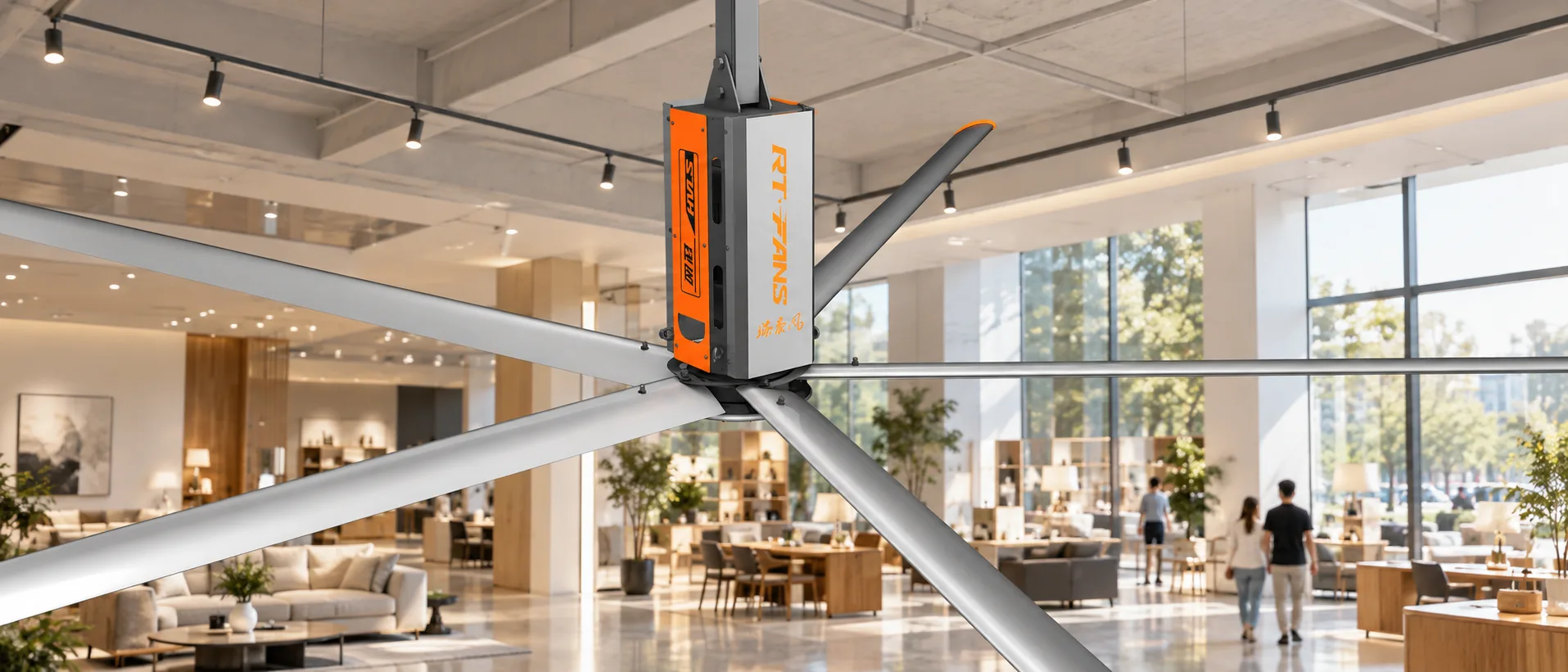 RTFANS Fengfan industrial HVLS fan installed above aisles in a bright retail showroom