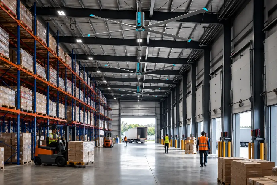 RTFANS Fengwang industrial HVLS fan installed in a high-bay warehouse above storage aisles and loading docks