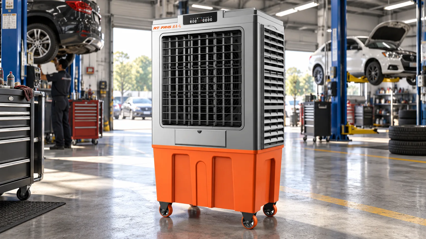 RTFANS 15Y mobile air cooler operating in an automotive workshop with service bays