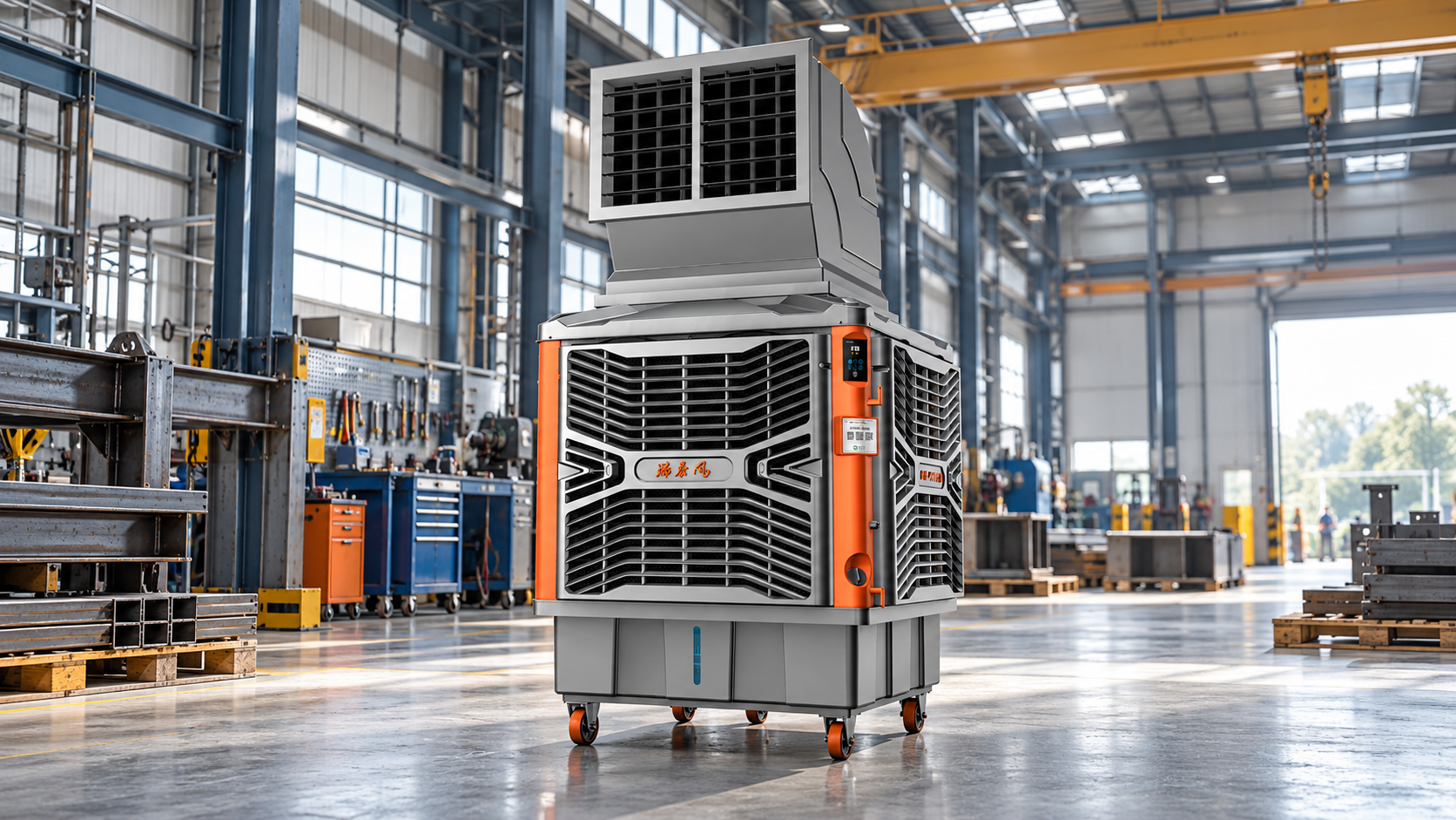 Heavy-duty portable evaporative air cooler in an industrial fabrication bay