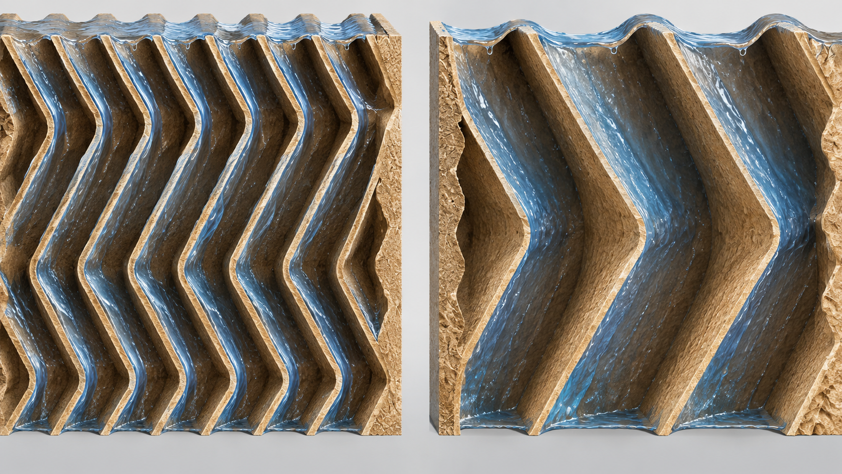 Side-by-side comparison of fine and wider evaporative cooling pad channels