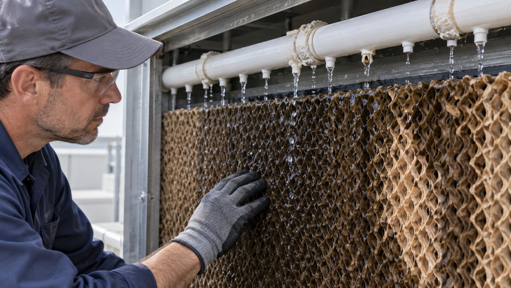 Technician inspecting wet cooling pad media and the water distribution header