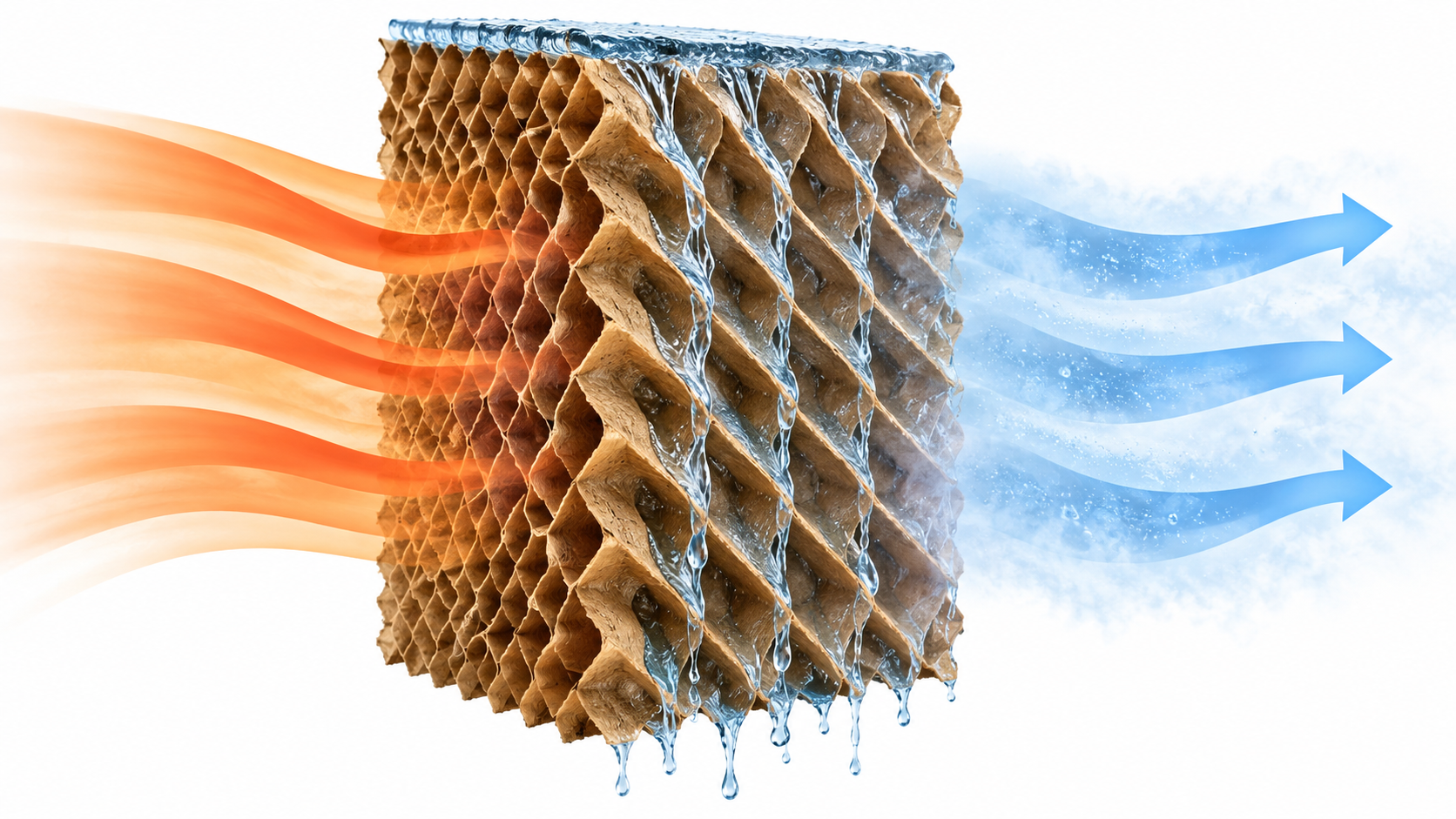 Evaporative cooling pad with water flowing through honeycomb channels and airflow passing from warm to cool