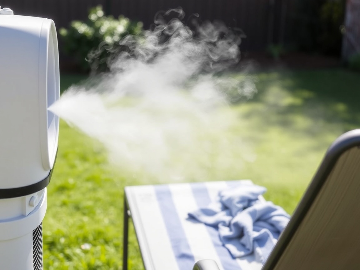 The air cooler blows visible mist toward a lawn chair where a towel lies.