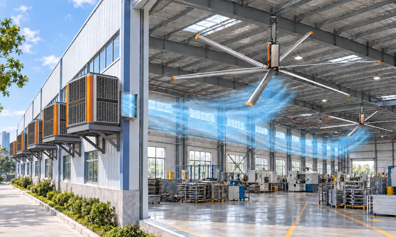 RTFANS Fengwang HVLS fans suspended indoors with 20BL CL evaporative air coolers mounted outside along the factory wall