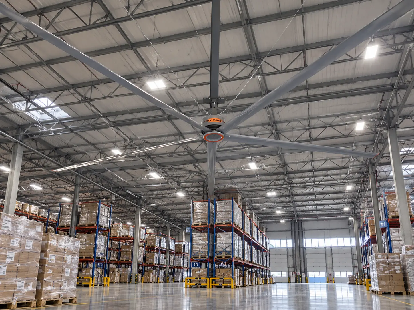 Spacious logistics warehouse equipped with an RTFANS Fengcai five-blade HVLS ceiling fan